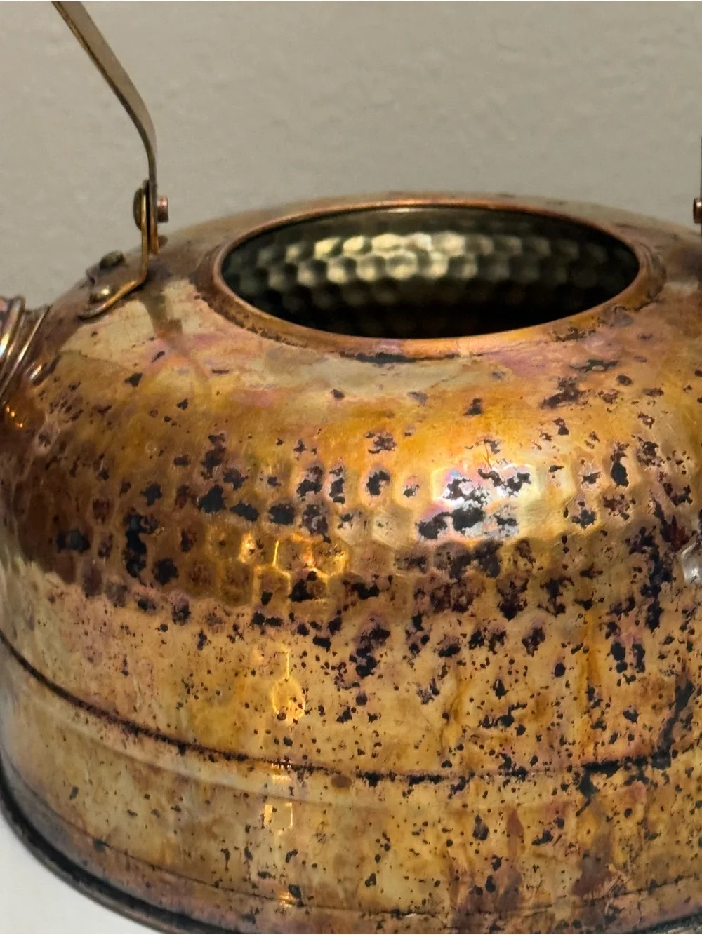 copper hammered tea kettle porcelain hand painted handle & lid knob